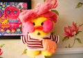 Children`s soft toy duck. Toy for children, duck, yellow, made of soft material.