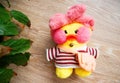 Children`s soft toy duck. Toy for children, duck, yellow, made of soft material.