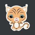 Children`s sticker of cute little sitting lynx. Wild animal. Flat vector stock illustration