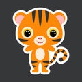 Children`s sticker of cute little tiger. Jungle animal. Flat vector stock illustration