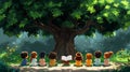 Children\'s storytime under a forest oak tree Royalty Free Stock Photo