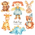 Watercolor set with children`s stuffed toys and doll