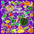 Children`s summer pattern with stickersvegetables and fruits on purple background Royalty Free Stock Photo