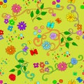 Children`s summer seamless pattern with flowers, leaves, swirls and butterfly