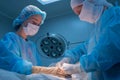 Children`s surgeons perform urological surgery. A man and a woman in a mask, and a blue sterile gown, in the operating room.