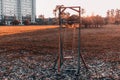 Children`s swings are an autumn fairytale fantastic world. infrared art foliage