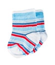 Children`s  tiny striped socks, white, blue and red in the pattern. Royalty Free Stock Photo