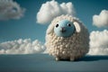 Children's toy, cute cartoon thick knitted sheep on blue earth with sky and clouds. AI generated art illustration