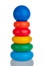 Children`s toy for kids pyramid multi-colored rings of different sizes with a ball on top, isolated on a white