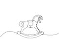 Children s toy rocking horse one line art. Continuous line drawing of childhood, relax, rest, play, have fun, happy