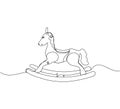 Children s toy rocking horse one line art. Continuous line drawing of childhood, relax, rest, play, have fun, happy