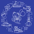 Children`s toys: car, bear, ship, helicopter, rocket, designer, ball, puzzle, cubes, gift, balloons. Design for poster or print