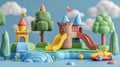 Children's toys landscape illustration. 3D modern background. Plasticine art.