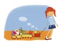 Children`s toys. Little girl pulls a toy train with puppets, a toy rabbit and a baby elephant on a rope