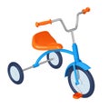 Children`s tricycle with blue frame, orange seat, pedals and steering wheel