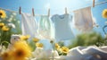 Children\'s underwear dries on a rope in a meadow with blooming fragrant flowers.