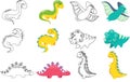 A set of cute little dinosaurs. Children's coloring book. Black and white dragon. Black and white and colored