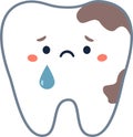 Children's vector illustration. Sad tooth crying, affected by caries