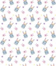 Children`s vector pattern bunny in cartoon style. Cute smiley rabbit in wreaths of pink flowers and with a crown