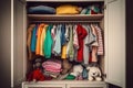 Children\'s wardrobe clothes in the closet. Generative AI technology