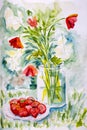 Children`s watercolor drawing Still life with strawberries and a bouquet of flowers Royalty Free Stock Photo