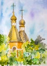 Children`s watercolor drawing Summer landscape with church domes
