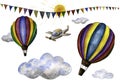 Children\'s watercolor illustration, set of balloons, clouds and airplan in different colors.