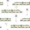 Children`s watercolor seamless pattern with cute cartoon electro trains, railway signs, traffic lights on a white background