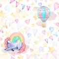 Children's watercolor seamless pattern with unicorn and balloons. Stars and flags.