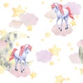 Children's watercolor seamless pattern with unicorn, moon and stars.