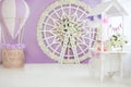 Children`s, wedding, festive photo zone. Trolley with lollipops, cake, cupcakes, balloon with basket, flower arch wheel. Copy Royalty Free Stock Photo