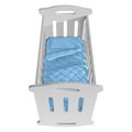 Children`s white cot rocking chair with handrails, blue blanket and pillow, top view.