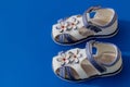 Children`s white orthopedic sandals on a blue background. Copy space, orthopedic comfortable shoes. Summer, leather Royalty Free Stock Photo