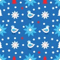 Children`s winter seamless pattern with chickens and snowflakes.