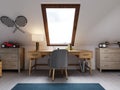 Children`s wooden desk in the attic children`s room