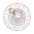 Children`s zodiac. Aquarius Sign. The sweet girl is drenched in water. Vector Royalty Free Stock Photo