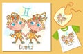 Children`s Zodiac. Gemini sign . Examples of application on t-shirt and bib. Vector