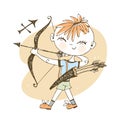 Children`s zodiac. Sagittarius sign. Boy with a bow. Vector