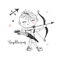 Children`s zodiac. Sagittarius sign. Boy with a bow. Vector. Black and white