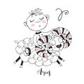 Children`s zodiac. The zodiac sign Aries. A cute little boy rides a RAM. Vector