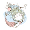 Children`s zodiac. The zodiac sign Pisces. Cute little mermaid. Vector