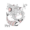 Children`s zodiac. The zodiac sign Pisces. Cute little mermaid. Vector