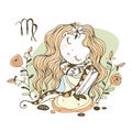 Children`s zodiac. Sign Of Virgo. Cute girl sitting on a rock. Vector Royalty Free Stock Photo