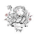 Children`s zodiac. Sign Of Virgo. Cute girl sitting on a rock. Vector. Black-white Royalty Free Stock Photo