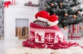 Children in santa hats near christmas tree, wait for holidays Royalty Free Stock Photo