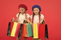 Children satisfied by shopping red background. Obsessed with shopping and clothing malls. Shopaholic concept. Shopping