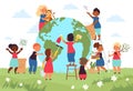 Children save planet. Globalization, globe earth environment protect. Kids eco hero, organic lifestyle and saving plants