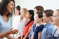 Children In School Choir Being Encouraged By Teacher