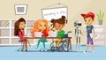 Children in school classroom vector illustration of boys and girls studying at table with handicapped girl in wheelchair Royalty Free Stock Photo