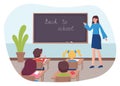 Children at school desk, teacher with a blackboard. Flat design illustration. Vector Royalty Free Stock Photo